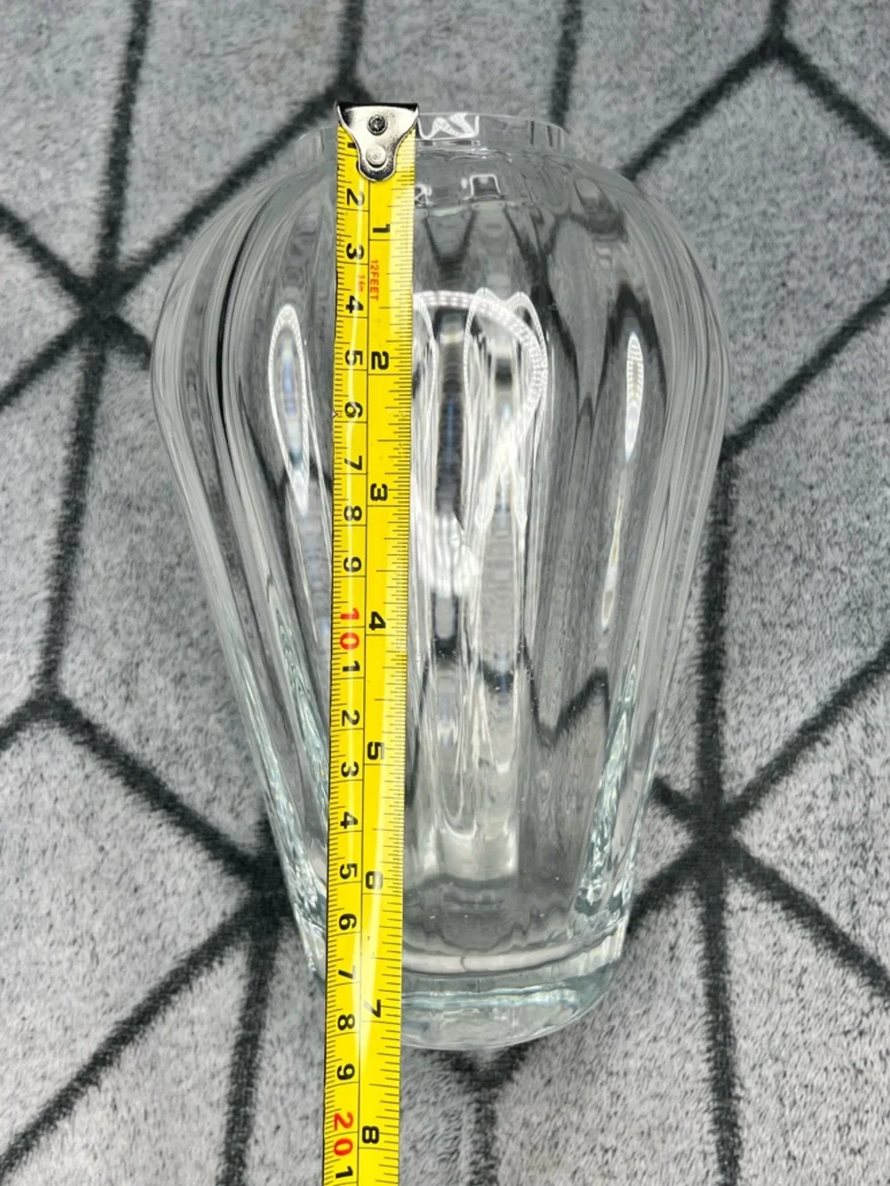 Heavy Clear Art Glass Ribbed Vase Modern Sculpted Bulb Shape 8